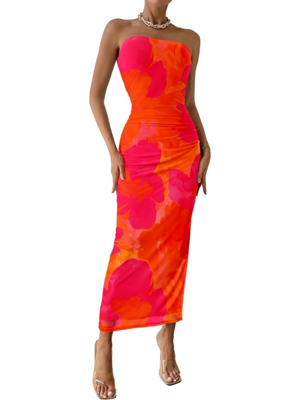 Women's Orange Red Big Floral Strapless Bodycon Maxi Dress Ruched Slit